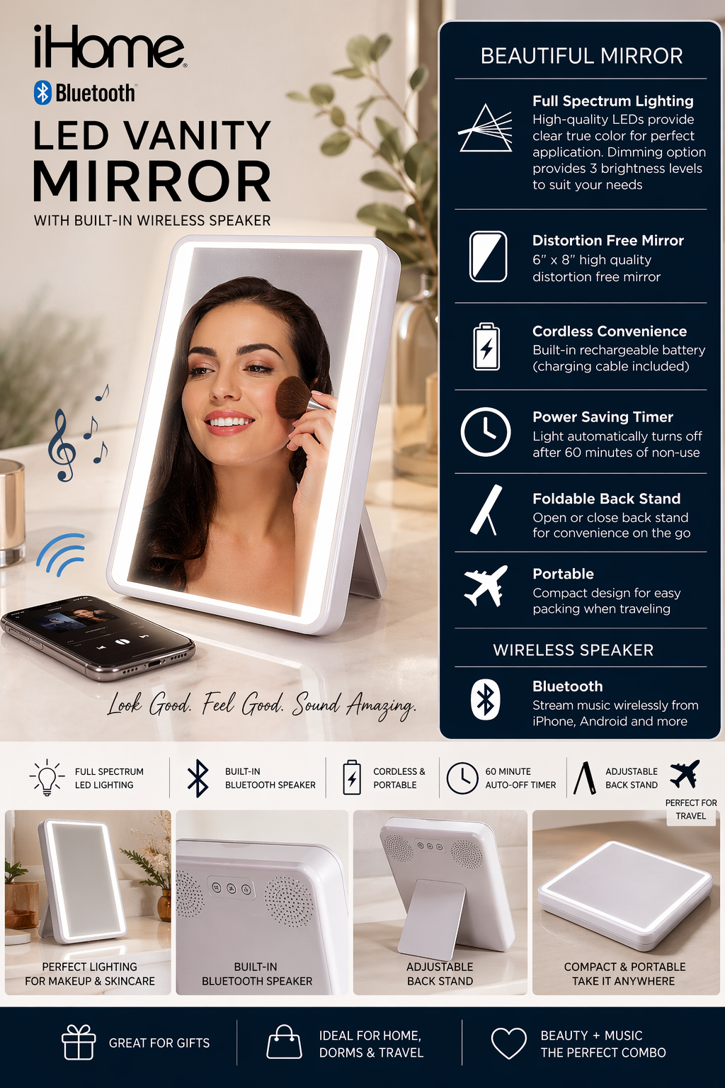 LED Vanity Mirror with Bluetooth Speaker