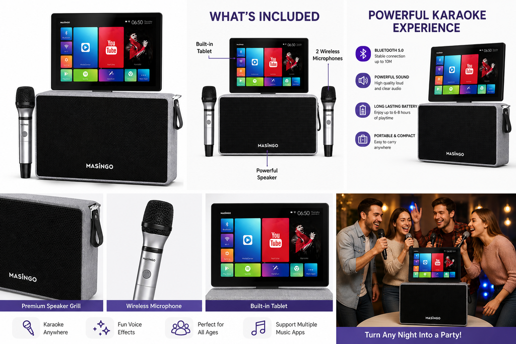 Masingo Alto X6 Karaoke Machine – Bluetooth Speaker with Tablet & 2 Wireless Microphones