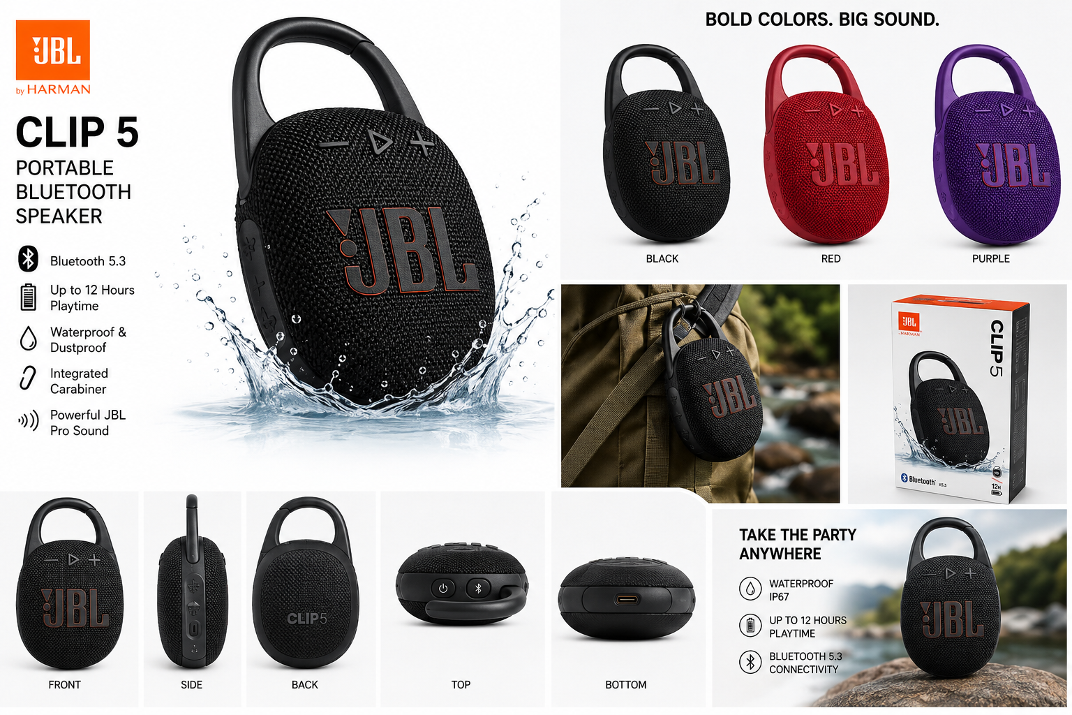 JBL Clip 5 Portable Bluetooth Speaker – Waterproof Wireless Speaker with 12-Hour Battery